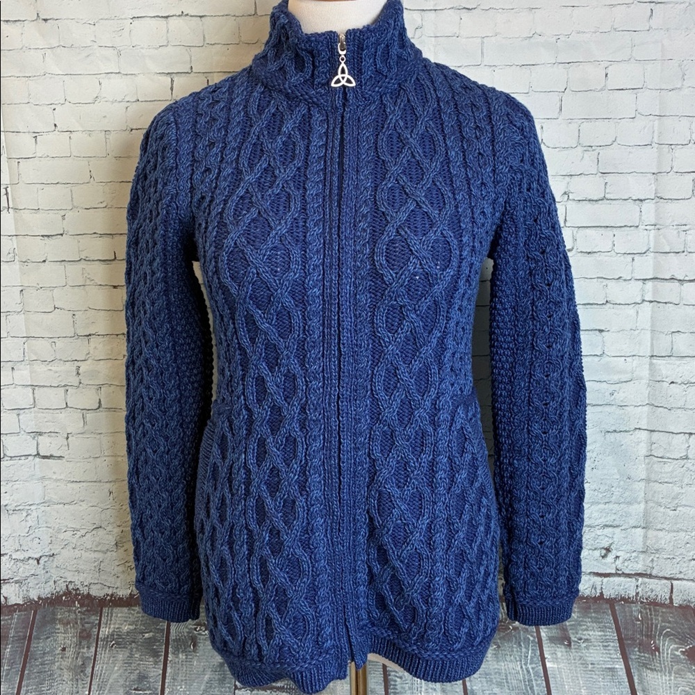 Aran Crafts‎ Ireland Blue Cable Knit Merino Wool Zip Cardigan Sweater S Cottage - Picture 5 of 16